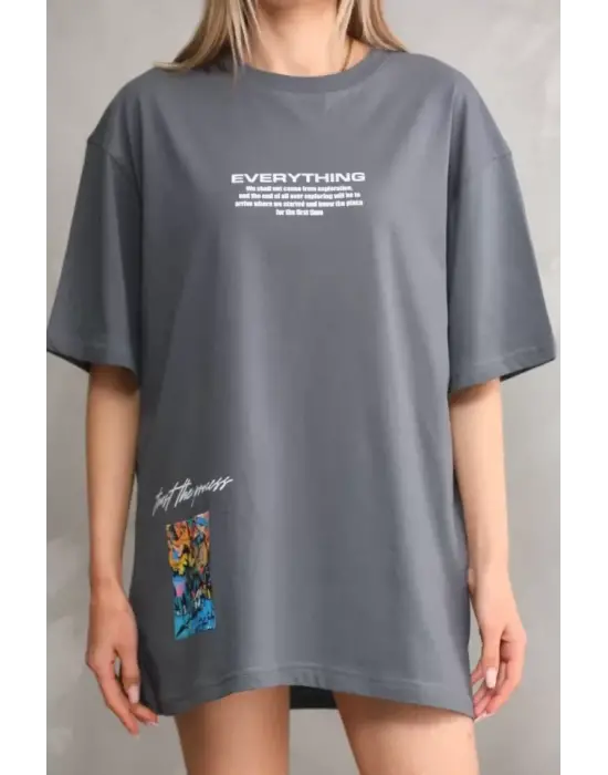 Unisex Bisiklet Yaka Baskılı Oversize T-Shirt - Gri