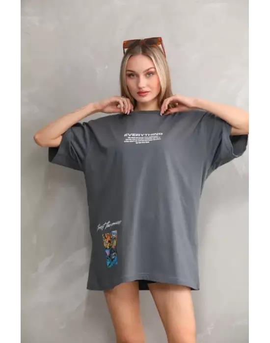 Unisex Bisiklet Yaka Baskılı Oversize T-Shirt - Gri