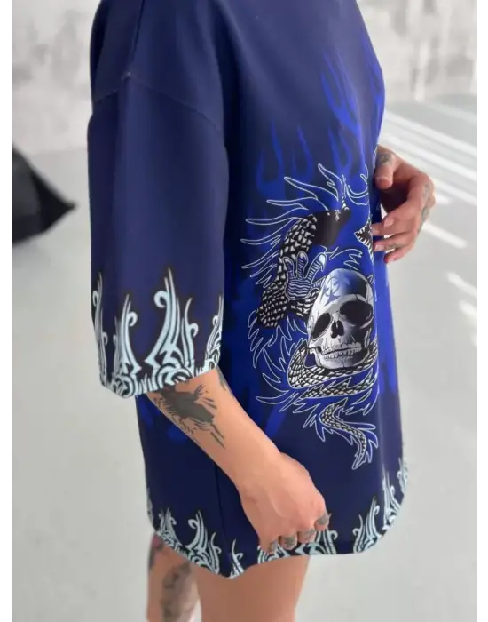 Omarı Baskılı Bisiklet Yaka Oversize T-Shirt - Lacivert