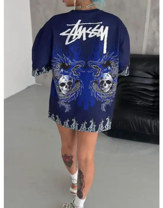 Omarı Baskılı Bisiklet Yaka Oversize T-Shirt - Lacivert