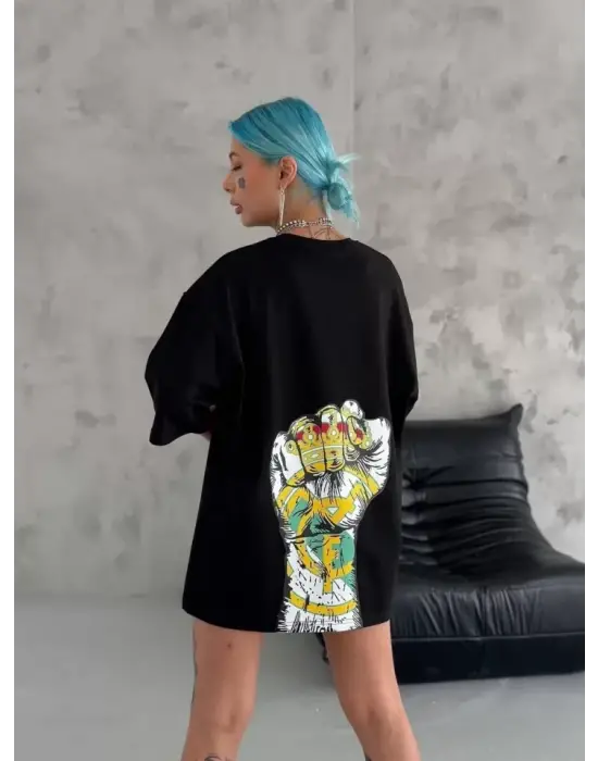 Unisex Bisiklet Yaka Baskılı Oversize T-Shirt - Siyah