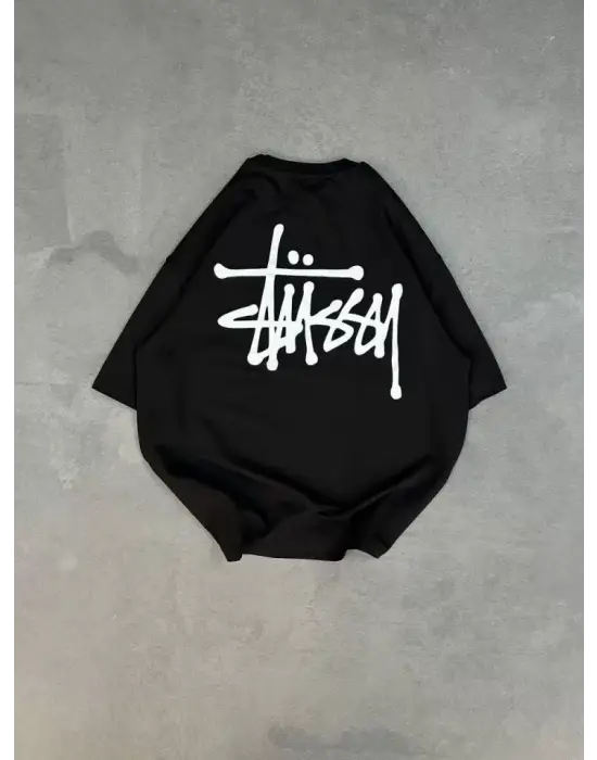 Unisex Bisiklet Yaka Baskılı Oversize T-Shirt - Siyah