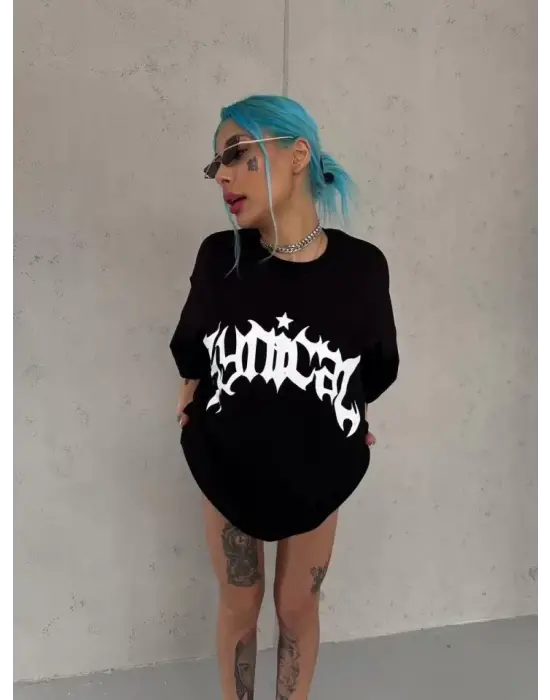 Unisex Bisiklet Yaka Baskılı Oversize T-Shirt - Siyah
