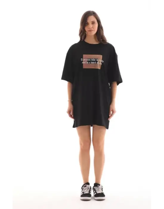 Unisex Bisiklet Yaka Baskılı Oversize T-Shirt - Siyah