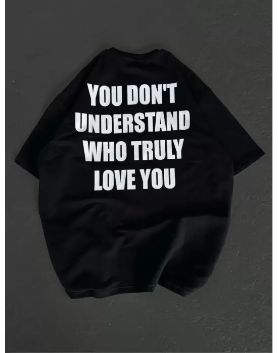 Unisex Bisiklet Yaka Baskılı Oversize T-Shirt - Siyah