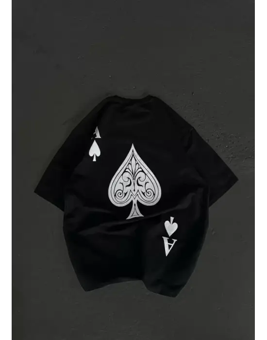 Unisex Bisiklet Yaka Baskılı Oversize T-Shirt - Siyah