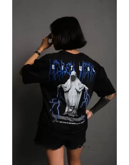 Omarı Bisiklet Yaka Baskılı Oversize T-Shirt - Siyah