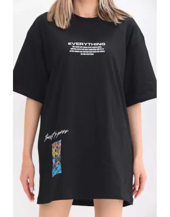 Omarı Siyah Bisiklet Baskılı Oversize T-Shirt