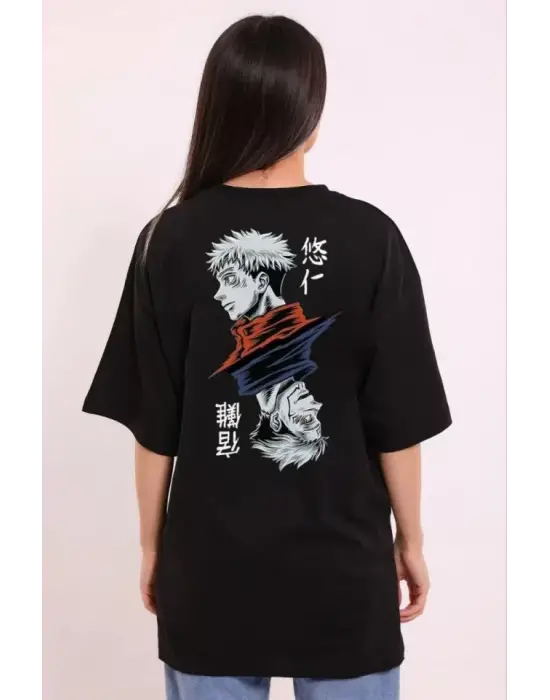 Omarı Siyah Oversize Baskılı Bisiklet Yaka T-Shirt