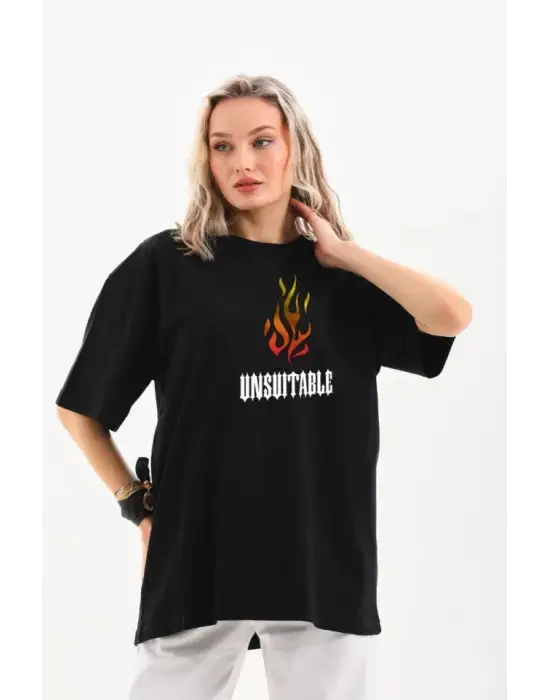 Omarı Bisiklet Desenli Oversize T-Shirt - Siyah