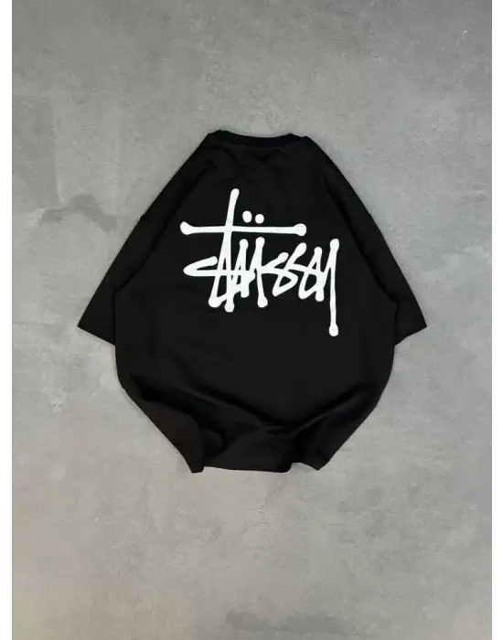 Omarı Baskılı Bisiklet Yaka Oversize T-Shirt - Siyah