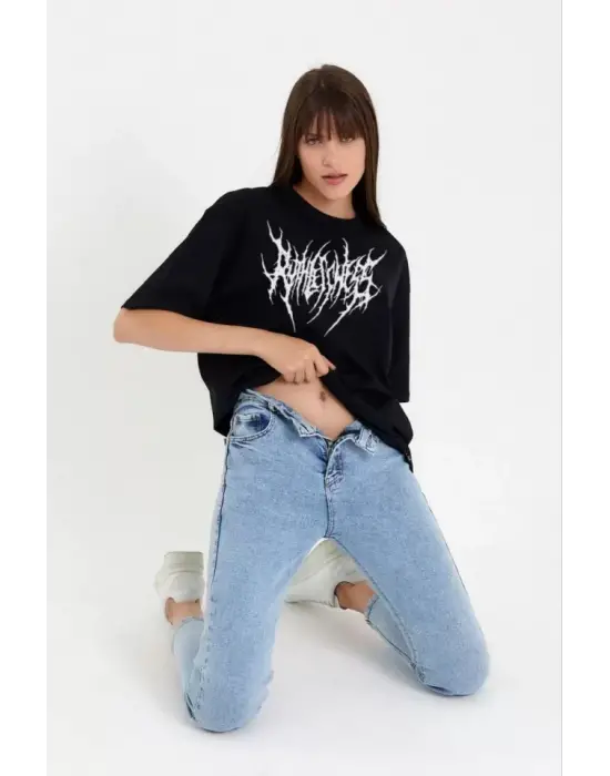 Omarı Bisiklet Yaka Baskılı Oversize T-Shirt - Siyah