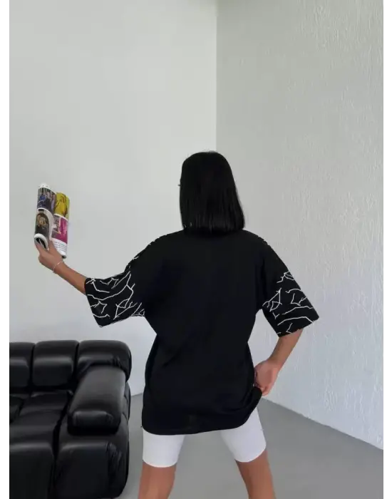 Unisex Bisiklet Yaka Baskılı Oversize T-Shirt - Siyah