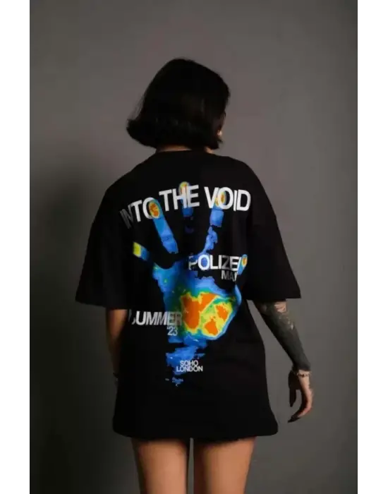 Omarı Siyah Oversize Unisex Baskılı Bisiklet Yaka T-Shirt