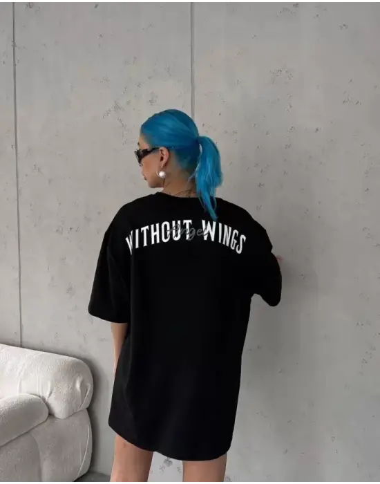 Unisex Bisiklet Yaka Baskılı Oversize T-Shirt - Siyah