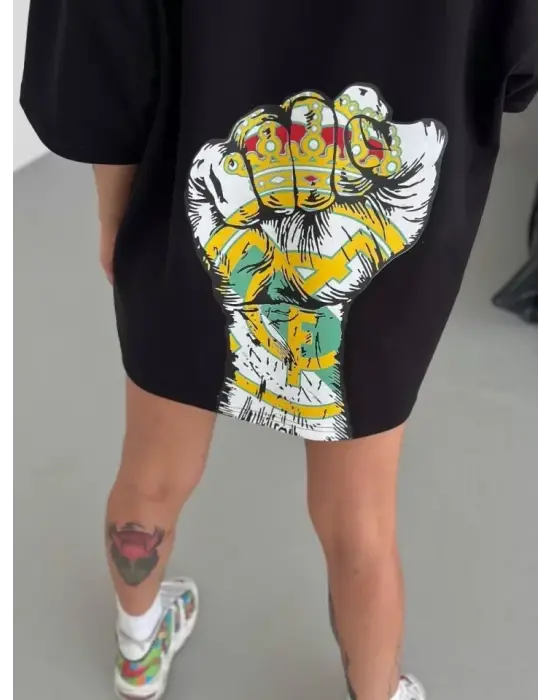 Unisex Bisiklet Yaka Baskılı Oversize T-Shirt - Siyah