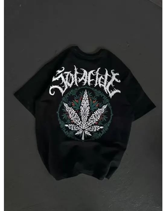 Omarı Baskılı Bisiklet Yaka Oversize T-Shirt - Siyah