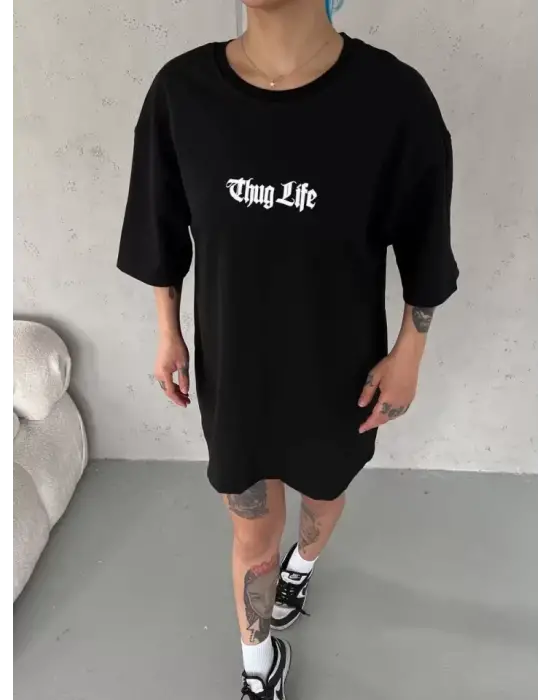 Unisex Bisiklet Yaka Baskılı Oversize T-Shirt - Siyah