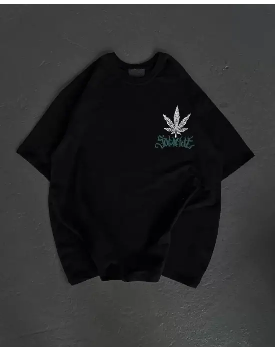 Unisex Bisiklet Yaka Baskılı Oversize T-Shirt - Siyah