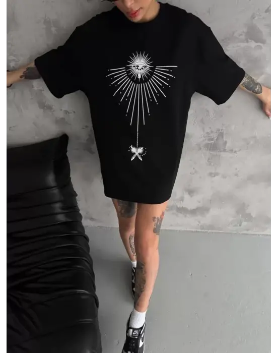 Unisex Bisiklet Yaka Baskılı Oversize T-Shirt - Siyah