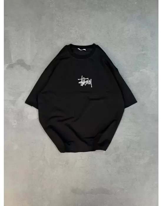 Unisex Bisiklet Yaka Baskılı Oversize T-Shirt - Siyah