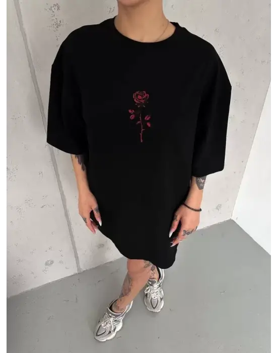 Unisex Bisiklet Yaka Baskılı Oversize T-Shirt - Siyah