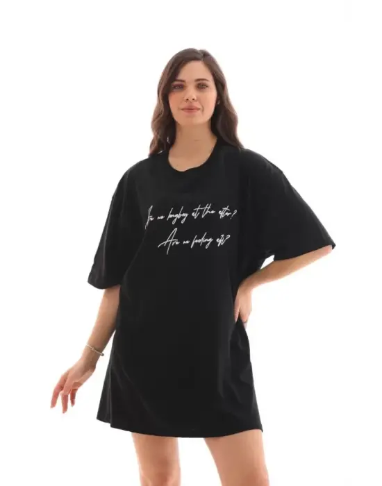 Unisex Bisiklet Yaka Baskılı Oversize T-Shirt - Siyah