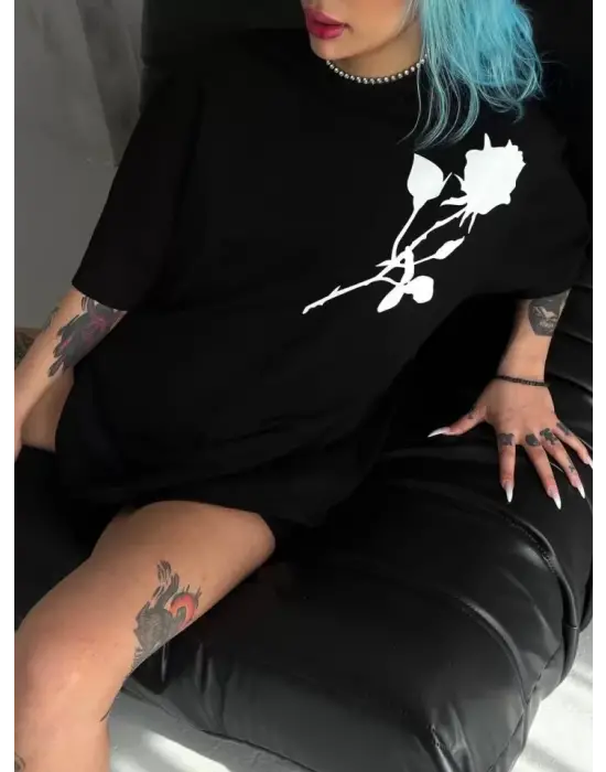 Unisex Bisiklet Yaka Baskılı Oversize T-Shirt - Siyah