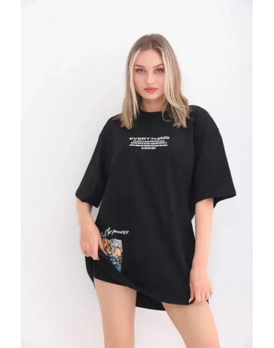 Omarı Siyah Bisiklet Baskılı Oversize T-Shirt