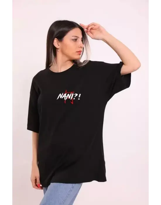 Omarı Siyah Oversize Baskılı Bisiklet Yaka T-Shirt