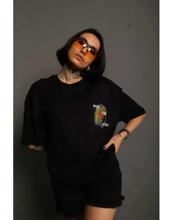 Omarı Siyah Oversize Unisex Baskılı Bisiklet Yaka T-Shirt
