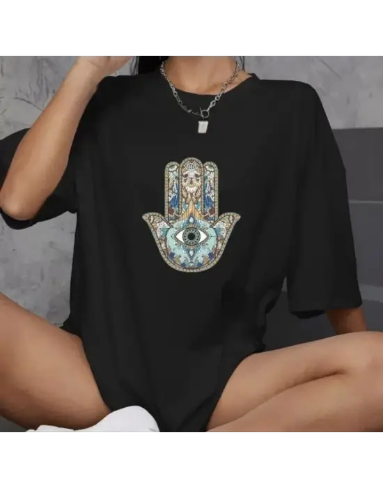 Omarı Bisiklet Desenli Oversize T-Shirt - Siyah