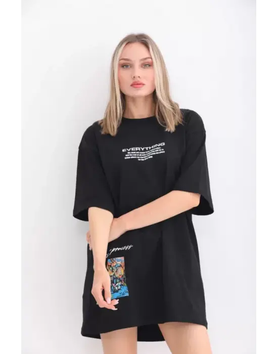 Omarı Siyah Bisiklet Baskılı Oversize T-Shirt