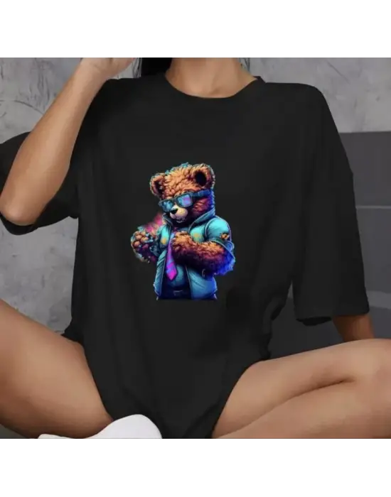 Omarı Bisiklet Desenli Oversize Siyah T-Shirt