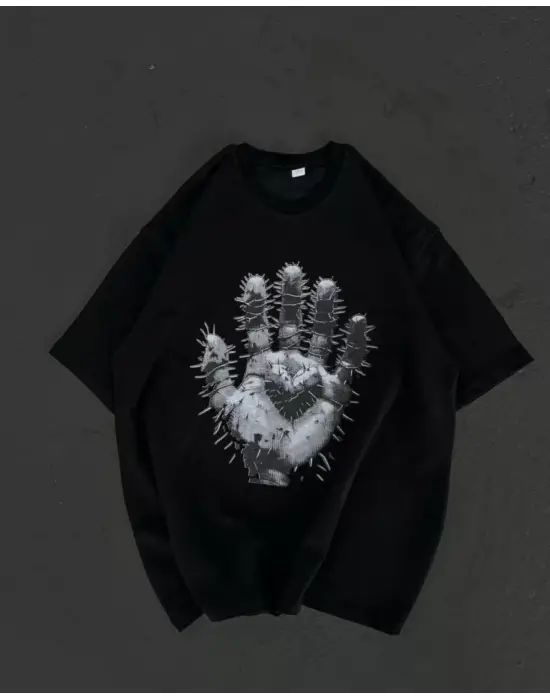 Omarı Siyah Oversize Baskılı Bisiklet Yaka T-Shirt