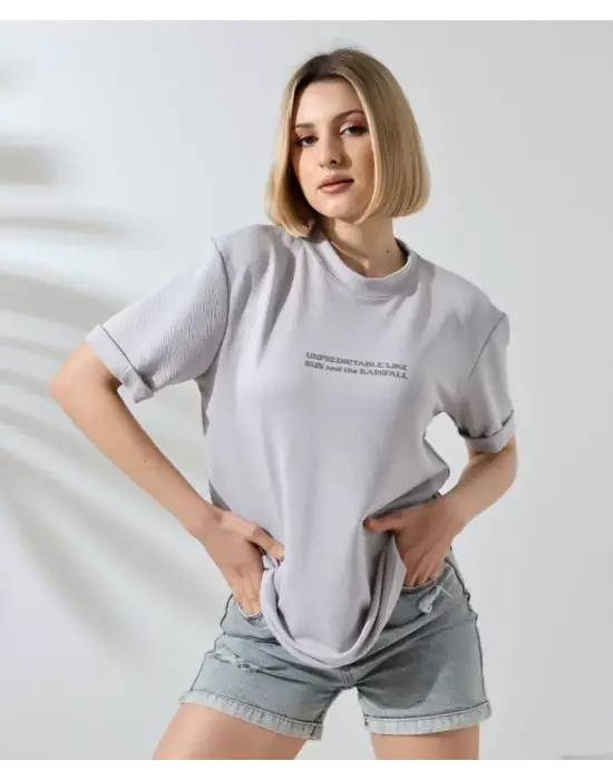 Unisex Bisiklet Yaka Baskılı Slim Fit T-Shirt - Boyalı Gri