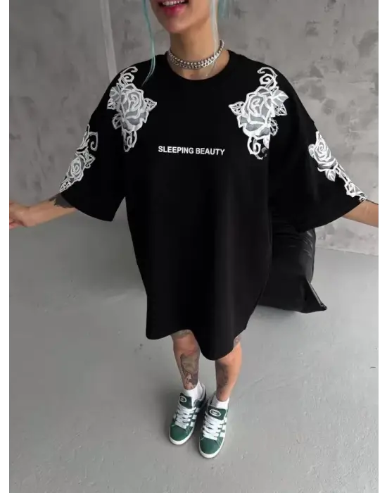 Unisex Flok Kabartma Baskılı T-Shirt - Siyah