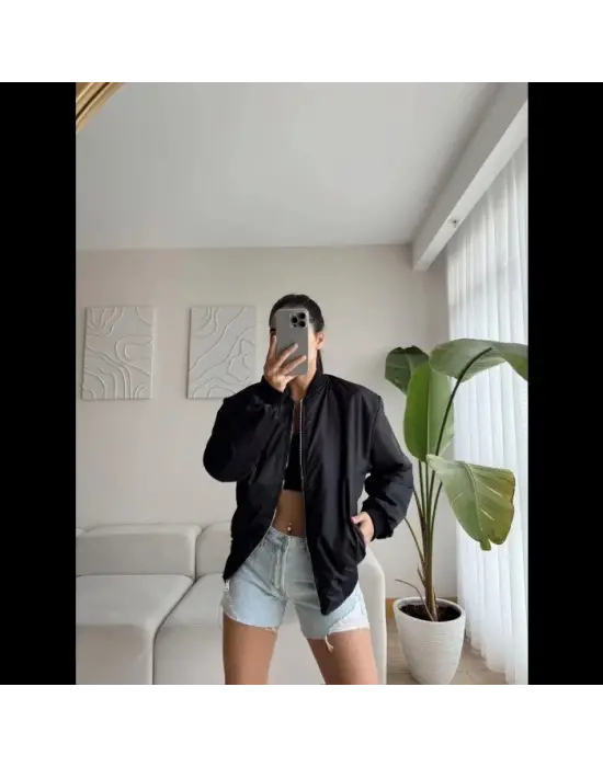 Unisex Siyah İçi Astarlı Bomber Ceket