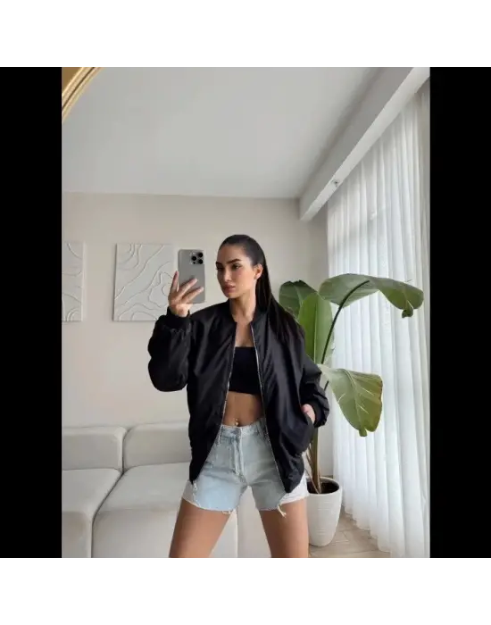 Unisex Siyah İçi Astarlı Bomber Ceket