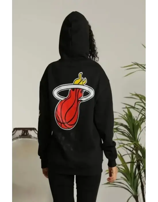 Unisex Kapşonlu Baskılı Sweetshirt - Siyah