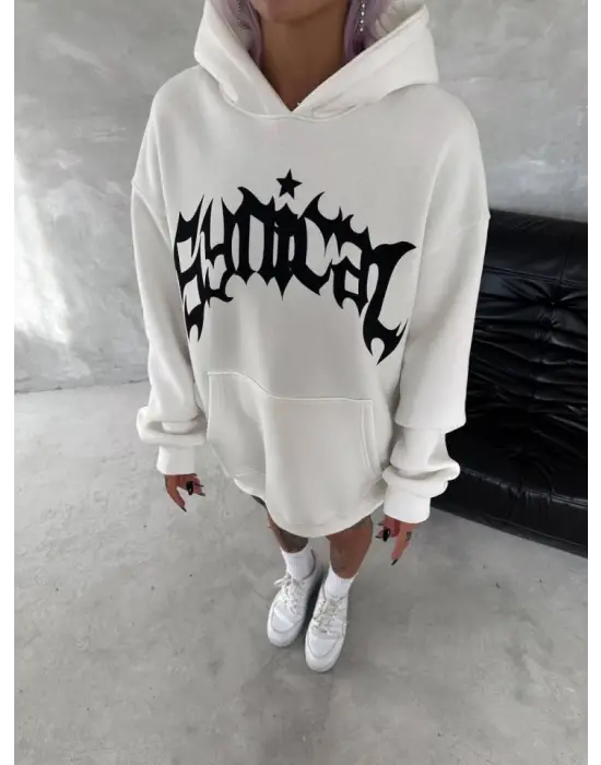 Unisex Üç İplik Kapşonlu Baskılı SweatShirt - Beyaz