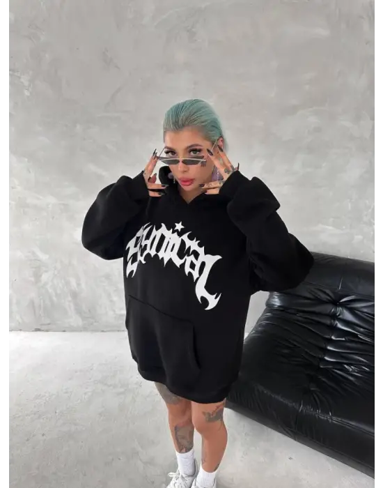 Unisex Üç İplik Kapşonlu Baskılı SweatShirt - Siyah