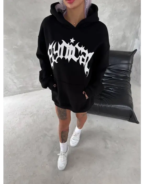 Unisex Üç İplik Kapşonlu Baskılı SweatShirt - Siyah