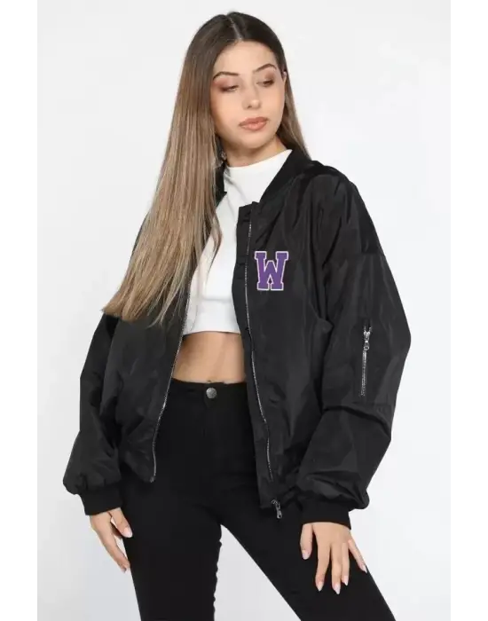 Unisex Siyah Uzun Kol Bomber Ceket