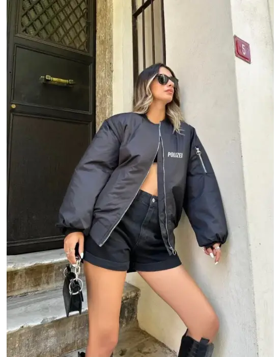 Unisex Uzun Kol Baskılı Bomber Ceket - Siyah