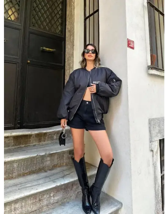 Unisex Uzun Kol Baskılı Bomber Ceket - Siyah