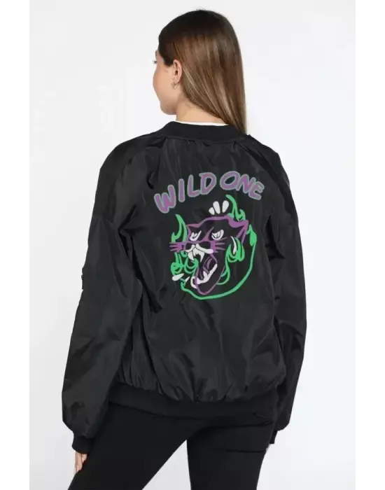 Unisex Siyah Uzun Kol Bomber Ceket