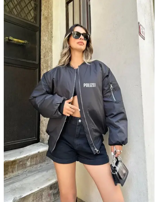 Unisex Uzun Kol Baskılı Bomber Ceket - Siyah