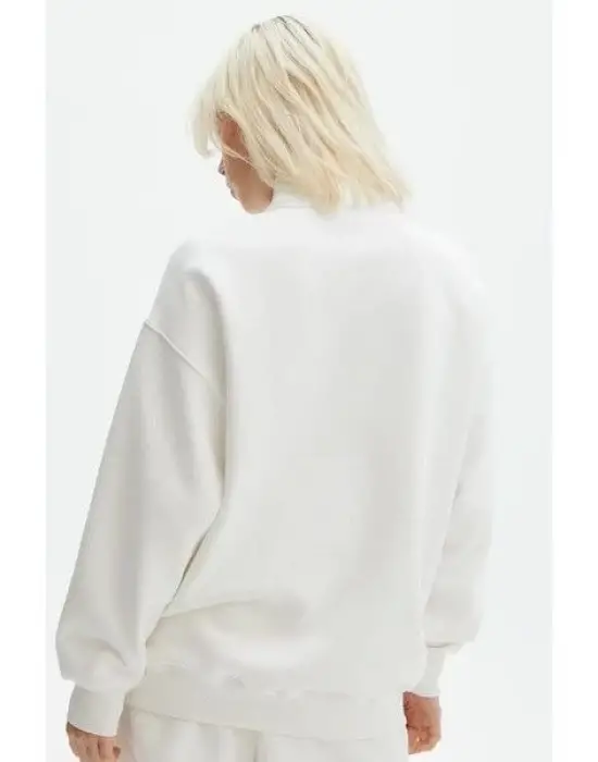 Unisex Uzun Kol Yarım Farmuarlı Yakalı Basic SweatShirt - Beyaz