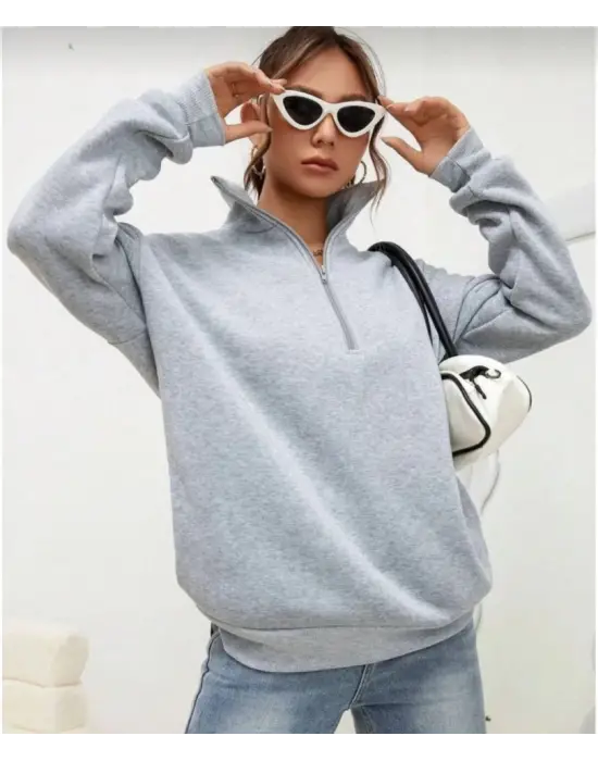 Gri Uzun Kol Yarım Farmuarlı Sweatshirt